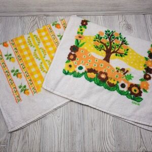 Dundee Hand‎ Towel Set White Yellow Orange Floral Tree Gingham 2pc MCM Vtg